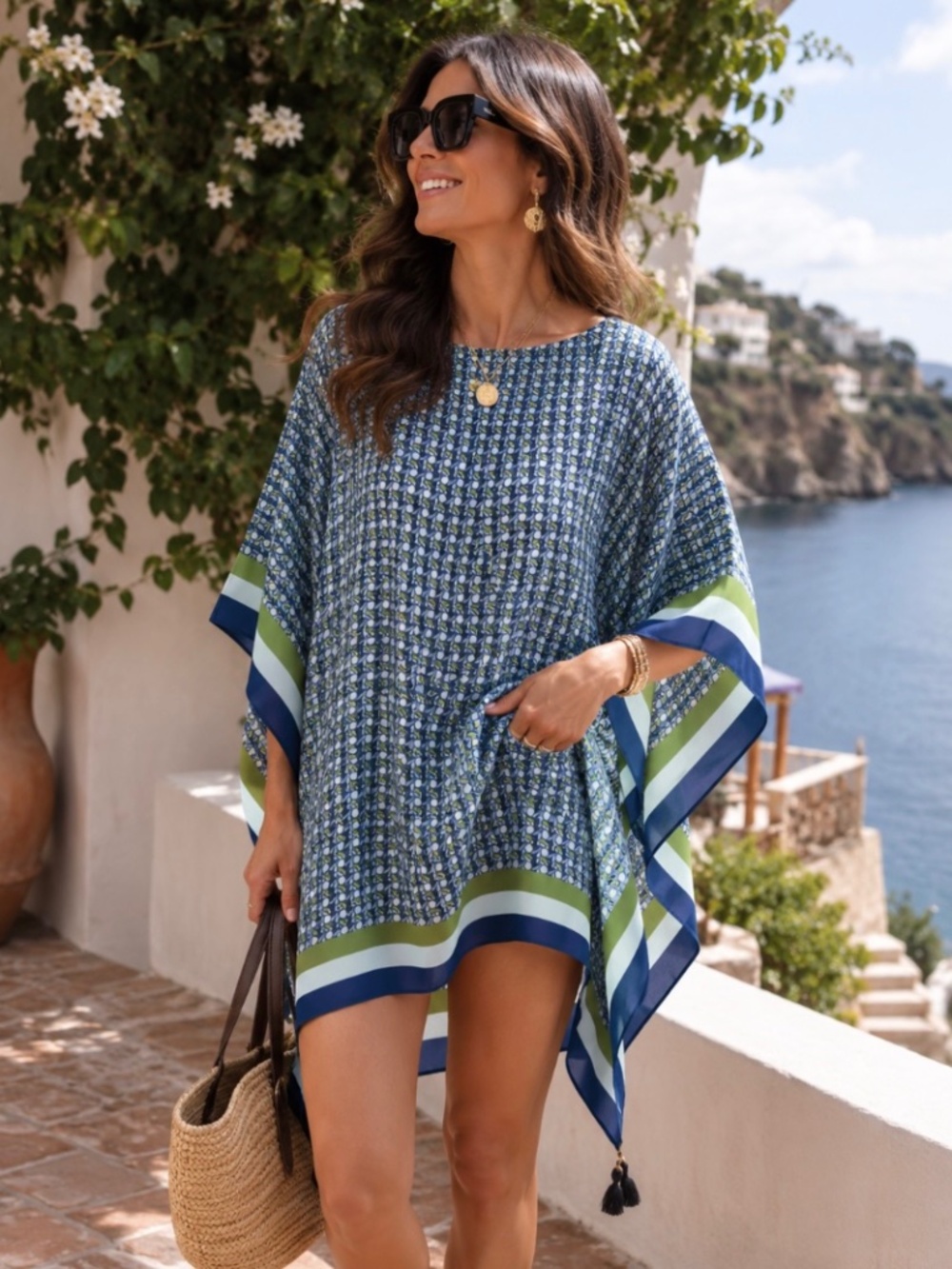 Tory Burch Basketweave Cotton Silk Beach Caftan Tassel Cover Up S NWOT